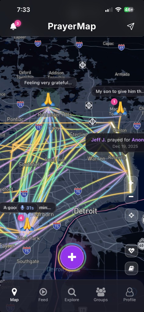 PrayerMap showing real-time prayers and memorial lines on the map
