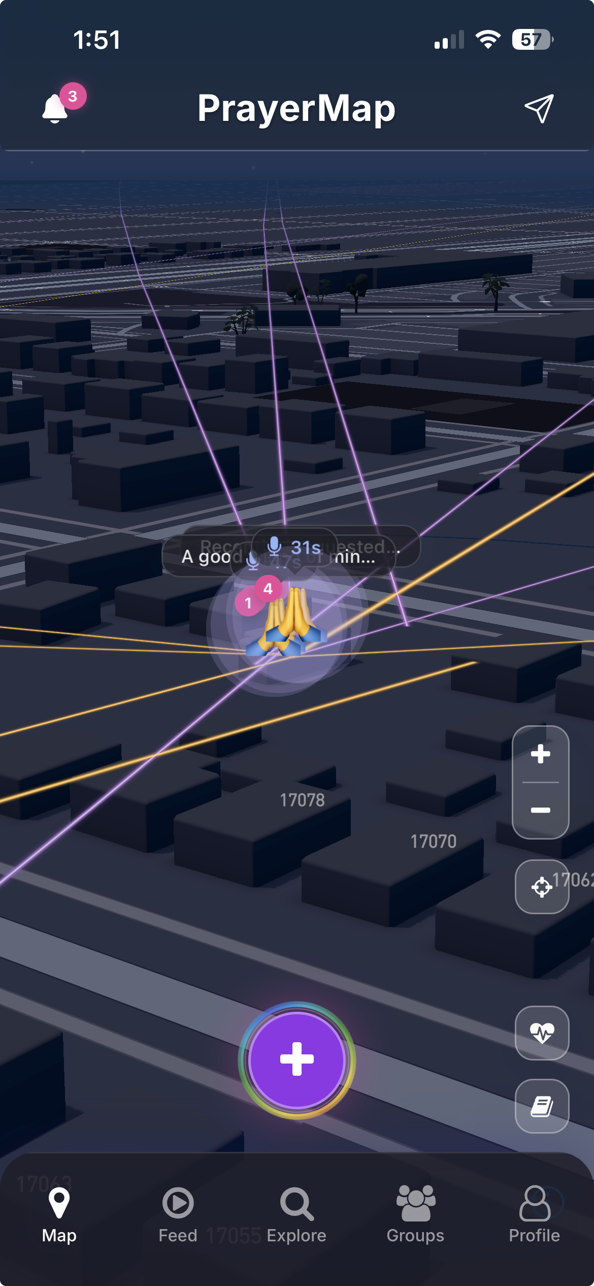 Prayer pins glowing on the neighborhood map